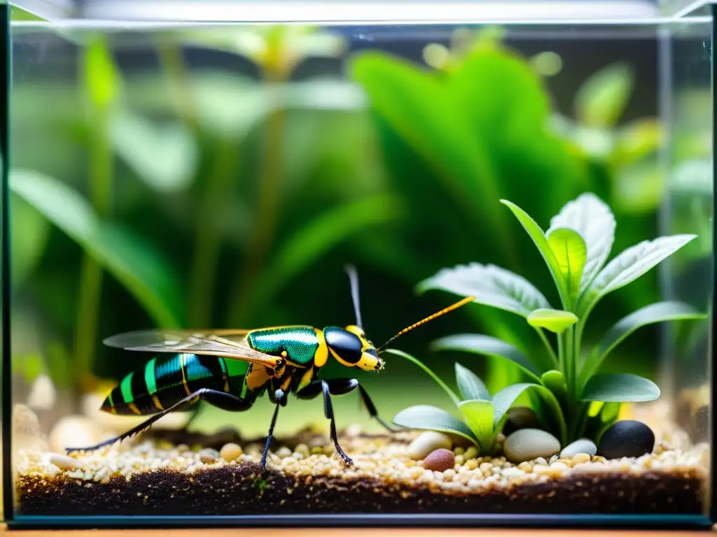 Detalle fascinante de un terrario para insectos en casa con plantas exuberantes, insectos detallados y luz suave