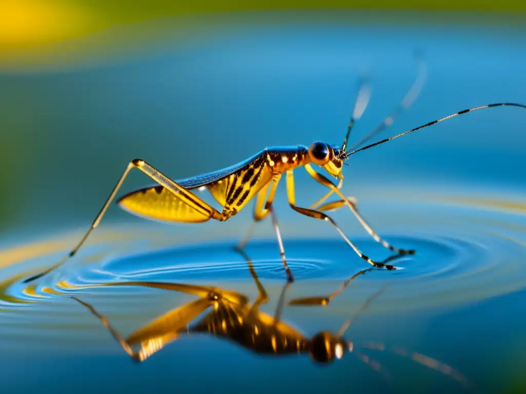 Detalle fascinante de un zapatero de agua sobre la superficie de un estanque, destacando la importancia de los insectos en la purificación del agua