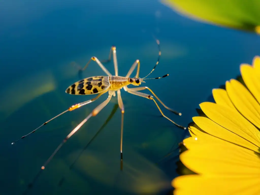 Detalle fascinante de un zapatero de agua en un estanque, resaltando la importancia de los insectos en la purificación del agua