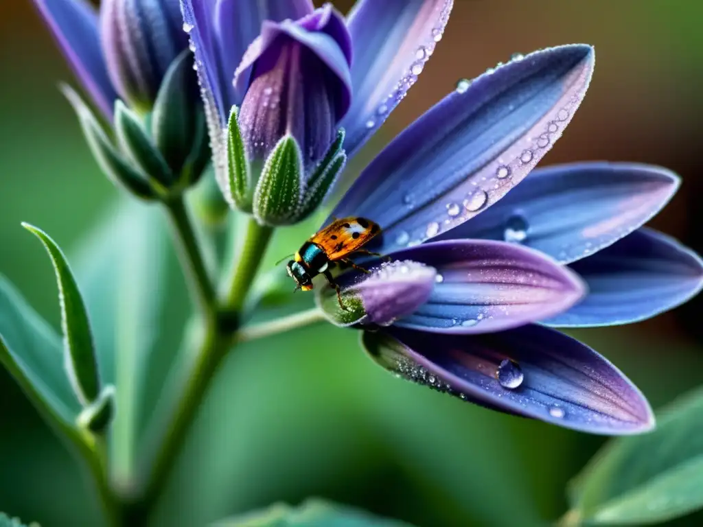 Detalle de una flor de lavanda morada con rocío, atractiva para insectos beneficiosos