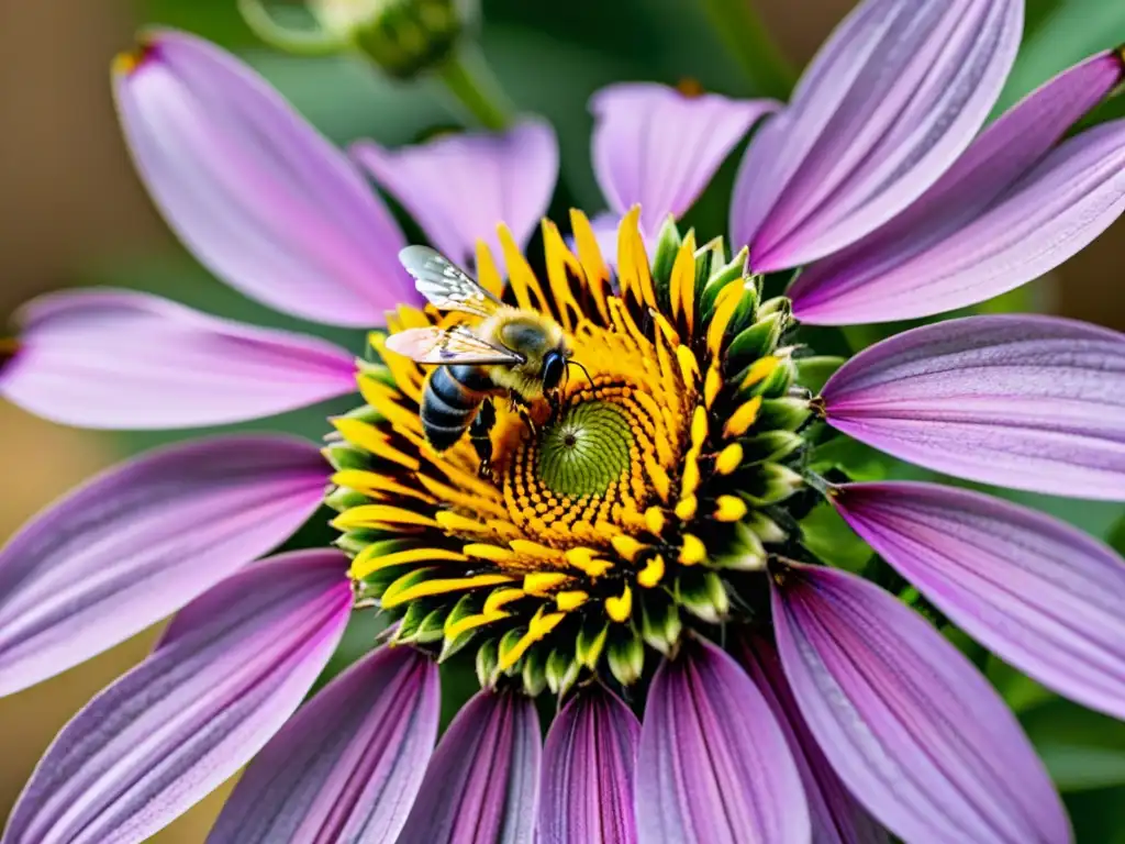 Detalle de una flor de equinácea morada con abeja recolectando néctar, destacando la importancia del hotel de insectos para jardín