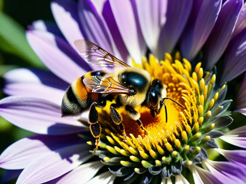 Detalle de una flor de jardín vibrante con un abejorro cubierto de polen, en un ecosistema atractivo para insectos beneficiosos