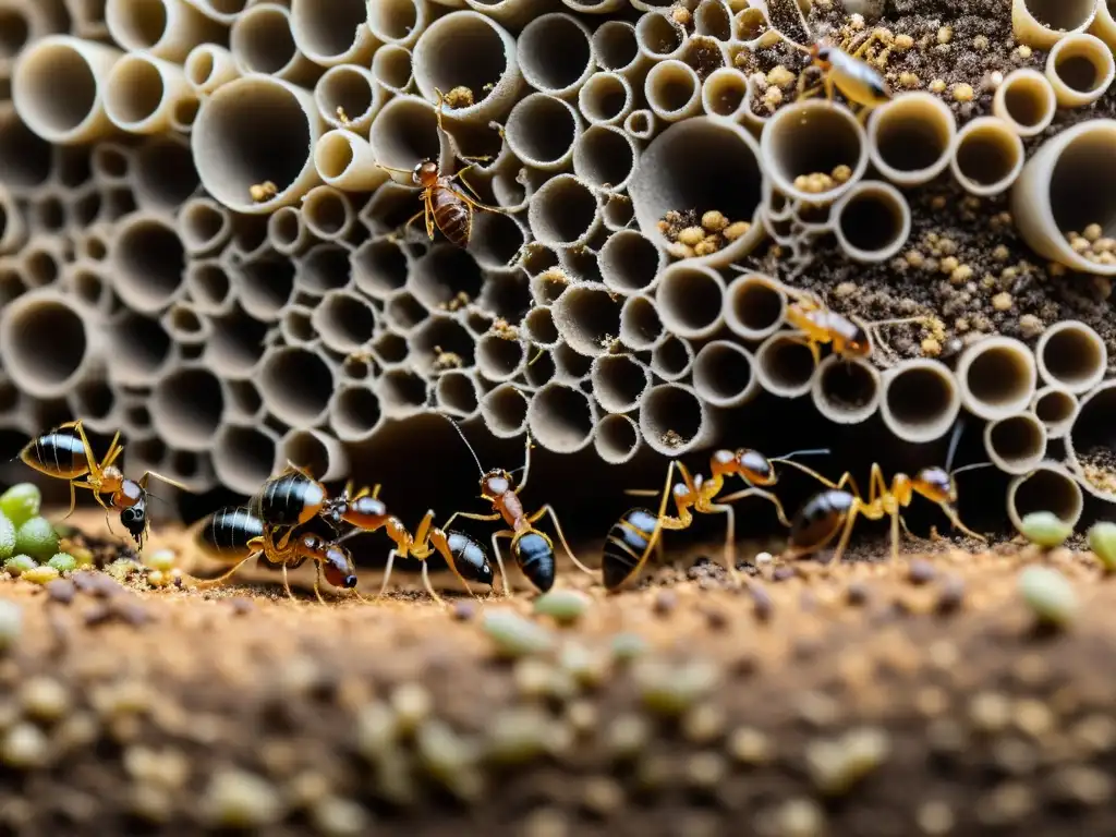 Fundación de colonia de hormigas: trabajo incansable y estructura social Detalle de la fundación de colonia de hormigas, resaltando la importancia del efecto fundador en insectos