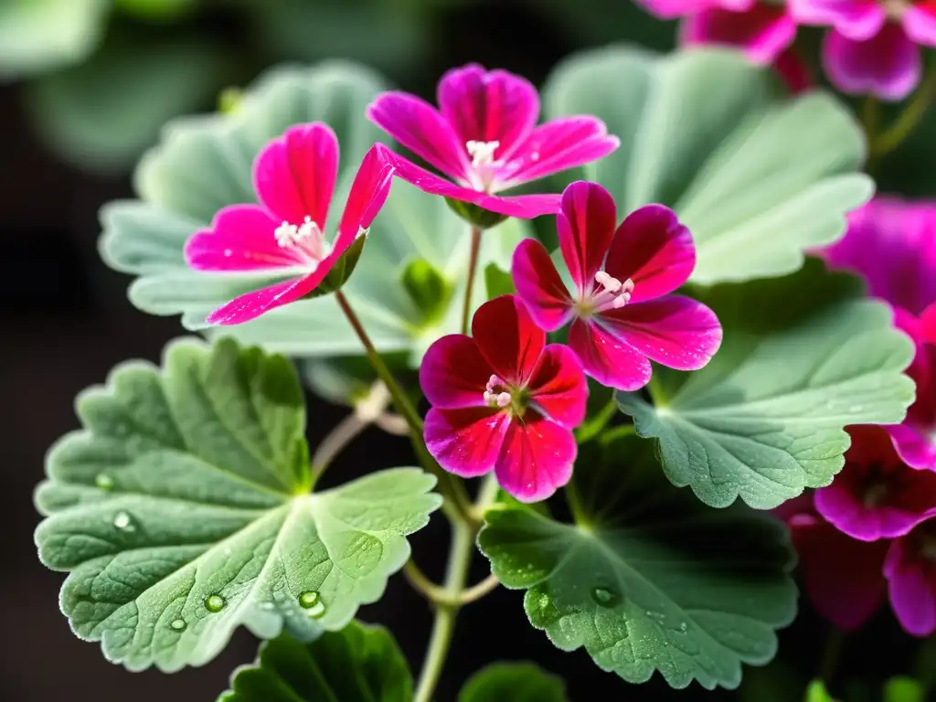 Detalle de un geranio vibrante con hojas verdes exuberantes y flores rosadas, bañado por la luz del sol