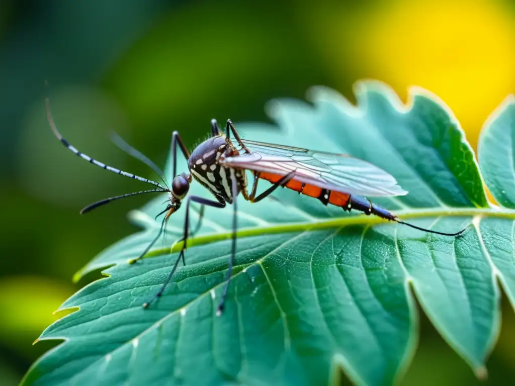 Detalle de mosquito sobre gota de agua en hoja verde, resaltando la importancia del saneamiento en control de vectores