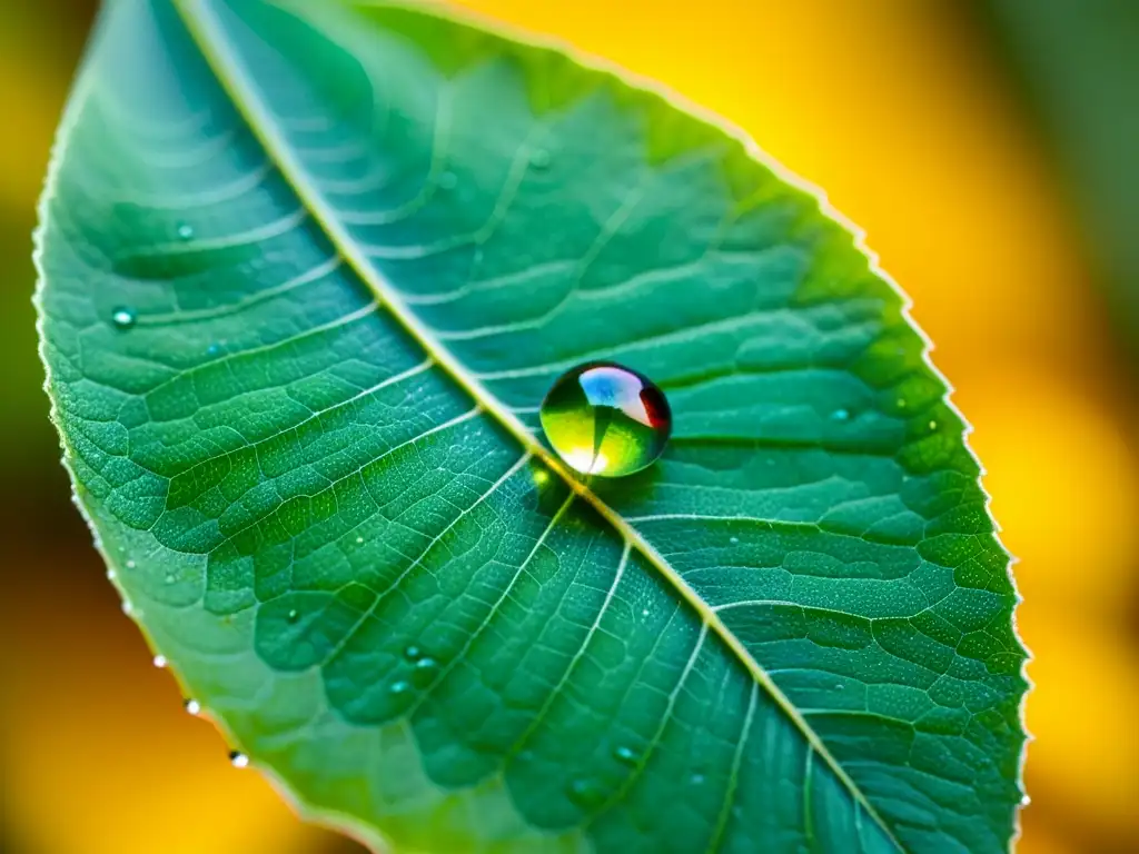 Detalle de una gota de agua en una hoja verde, reflejando colores