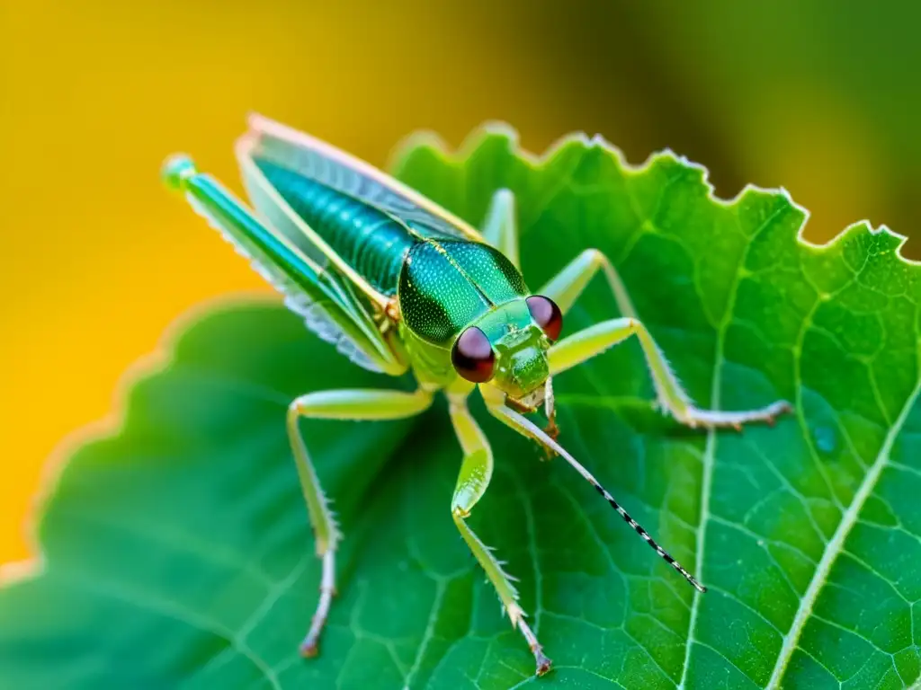 Detalle de un grillo verde en una hoja con sus alas y antenas, resaltando la belleza y complejidad del mundo de los insectos