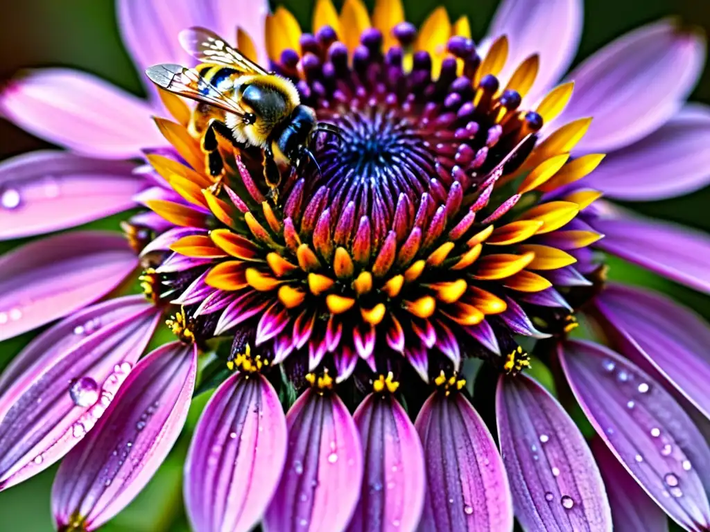 Detalle de una hermosa echinacea morada cubierta de rocío, con un abejorro recolectando néctar