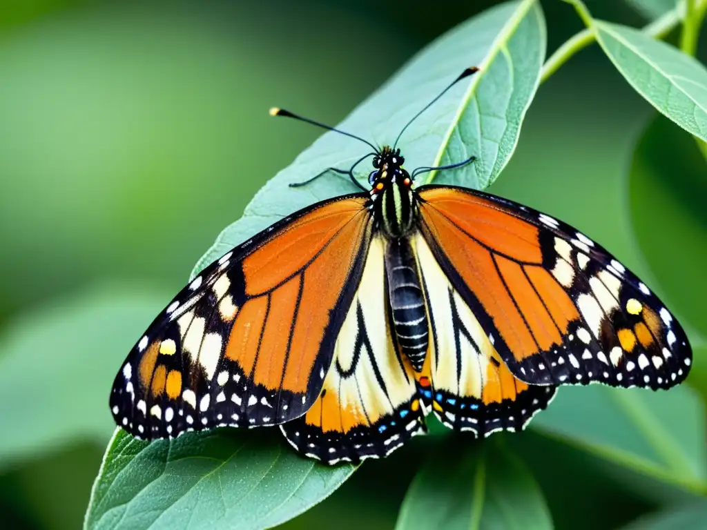 Detalle de una hermosa mariposa monarca recién emergida, mostrando sus alas desplegadas y el patrón de escamas en negro, naranja y blanco