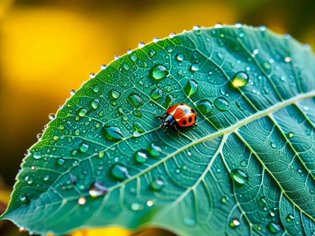 Detalle de hoja cubierta de rocío con insectos - Importancia de los insectos en ecosistemas