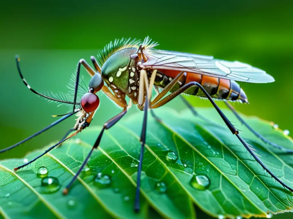 Detalle de mosquito en hoja con gotas de agua, resaltando la importancia de los insectos reservorios de enfermedades en los ecosistemas