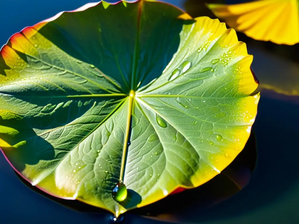 Detalle de una hoja de nenúfar con gotas de agua, mostrando patrones intrincados y reflejos de luz