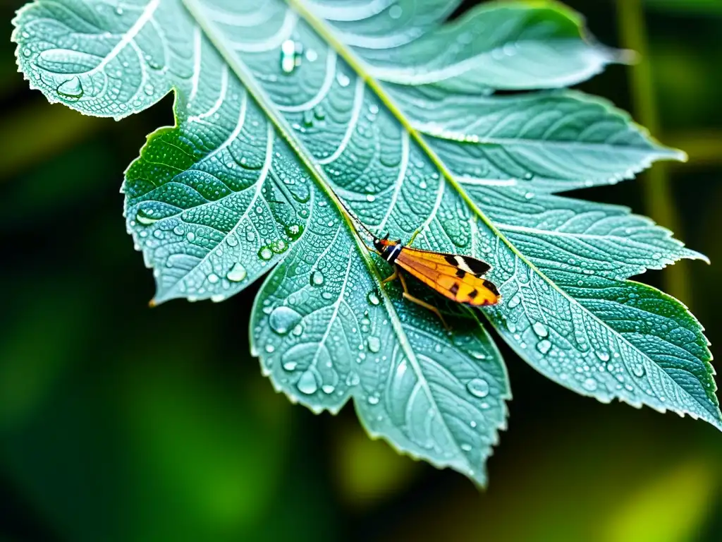 Detalle de hoja con gotas de agua y un insecto, resaltando la importancia de los insectos en ecosistemas