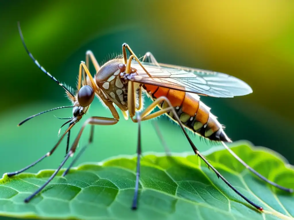 Detalle de mosquito en hoja, resalta la importancia de los mosquitos en mitología con sus alas iridiscentes y cuerpo delicado