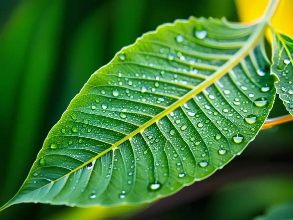 Detalle de hoja de planta de citronela verde con rocío, reflejando la luz del sol