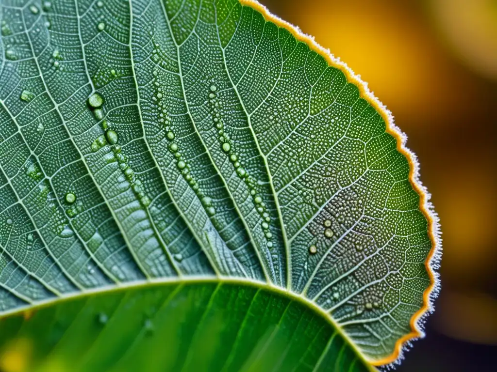 Detalle de hoja sana con esporas fungales coloridas y textura aterciopelada