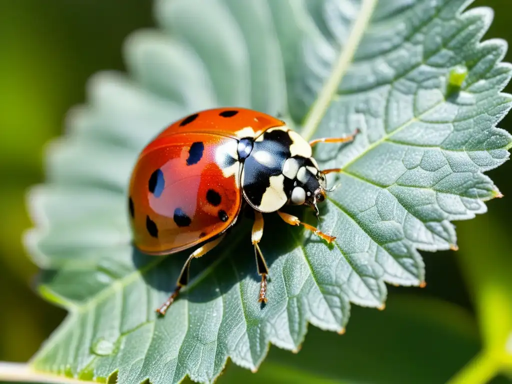 Detalle de mariquita en hoja verde con aphids: control natural de plagas en huertos