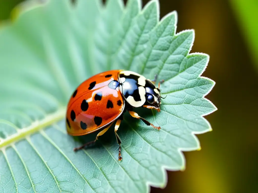 Detalle de mariquita en hoja verde, depredadores naturales control biológico jardín