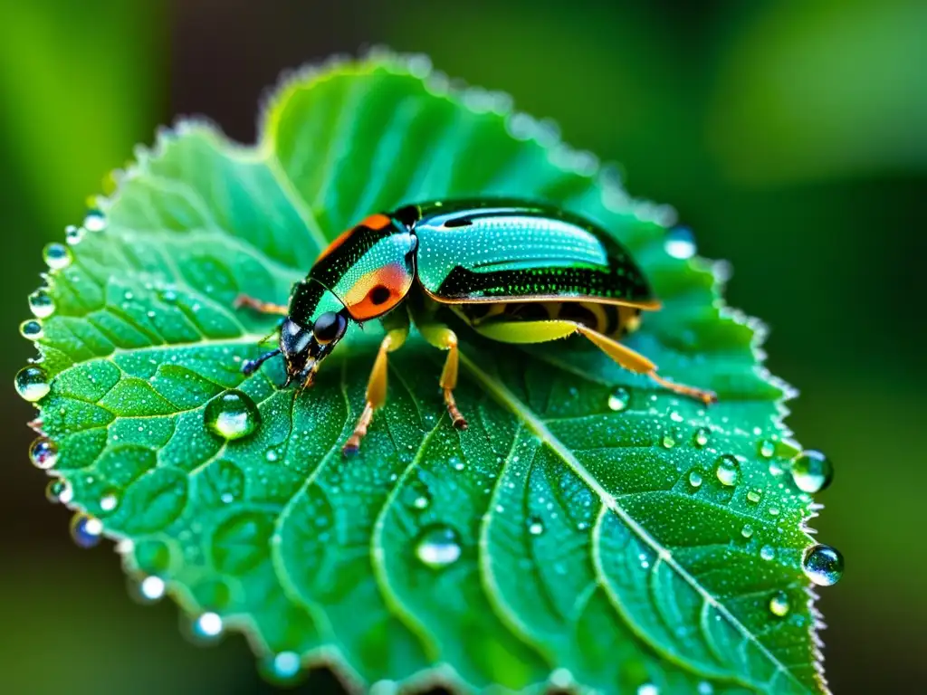 Detalle de hoja verde con rocío y escarabajo, resaltando la importancia de los insectos en ecosistemas