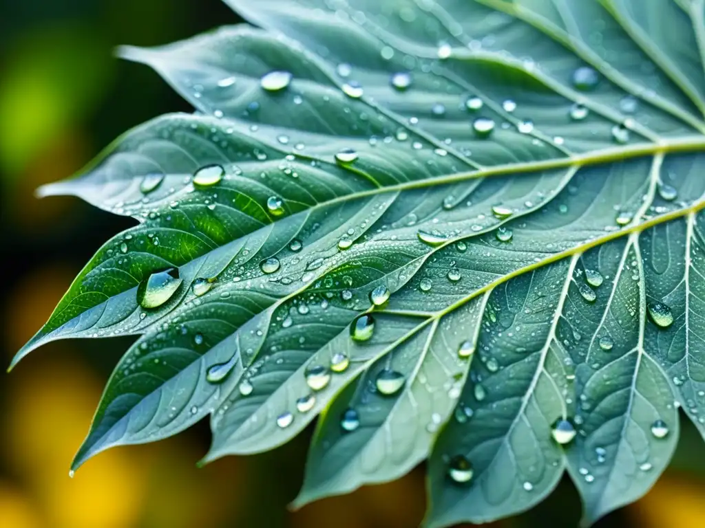 Detalle de hoja verde con gotas de rocío, reflejando la luz de la mañana