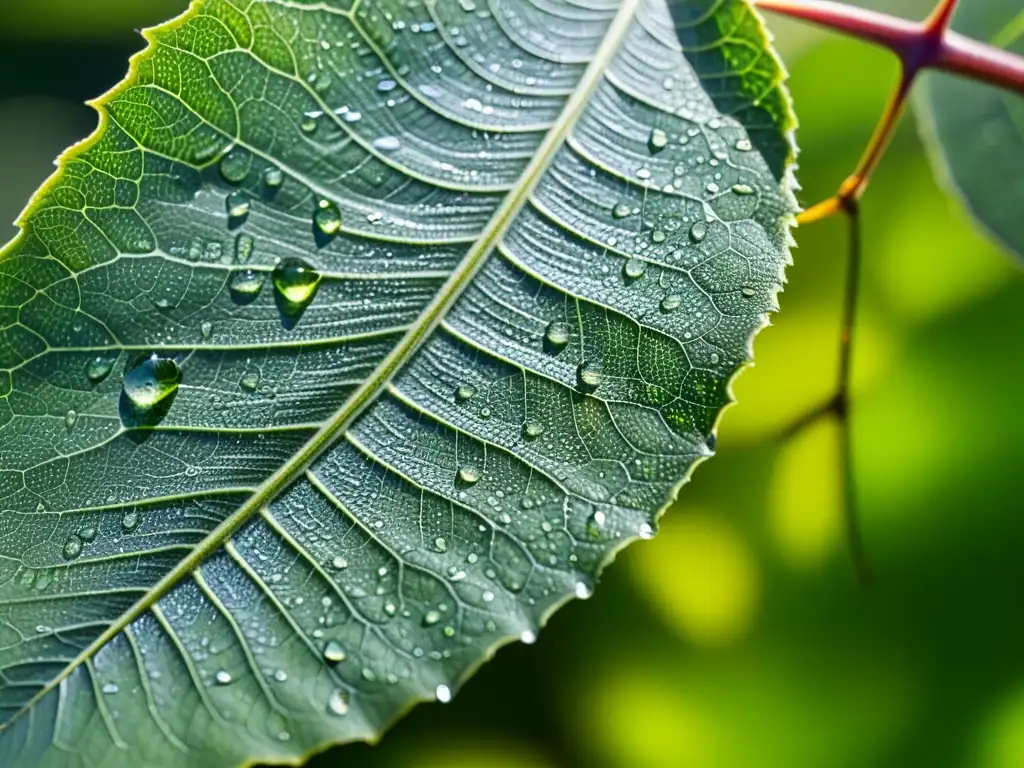 Detalle de una hoja verde con gotas de rocío, revelando la evolución de las defensas químicas de las plantas contra los insectos