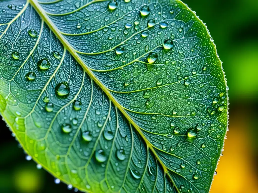 Detalle de una hoja verde con gotas de rocío, creando un mosaico de colores y texturas