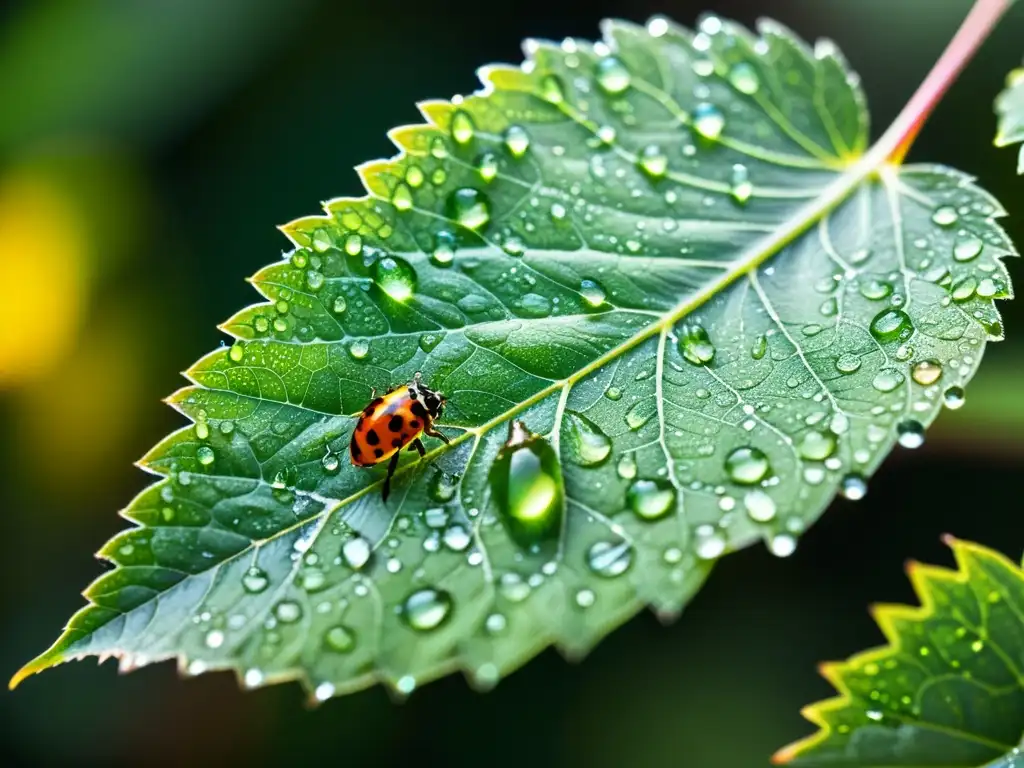 Detalle de hoja verde con gotas de agua, insectos iridiscentes en su hábitat natural, método ético de estudio de insectos