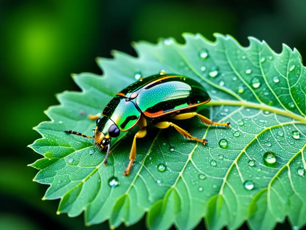 Detalle de una hoja verde con gotas de agua y un escarabajo iridiscente