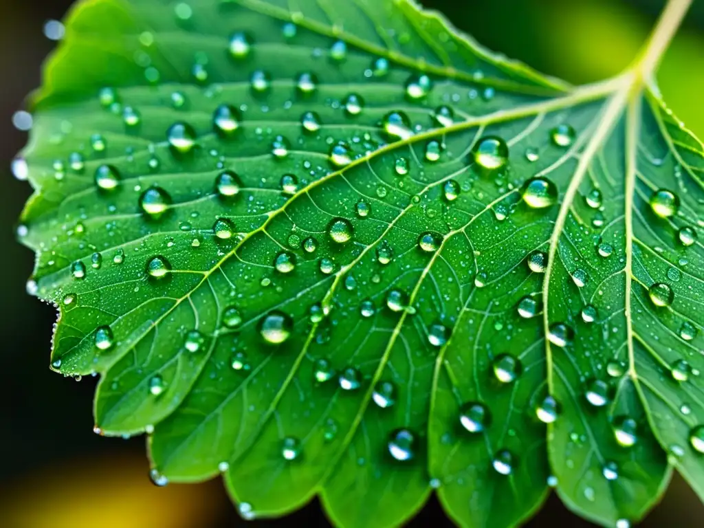 Detalle de hoja verde con gotas de feromonas artificiales, mezcla de belleza orgánica y manejo ecológico de plagas