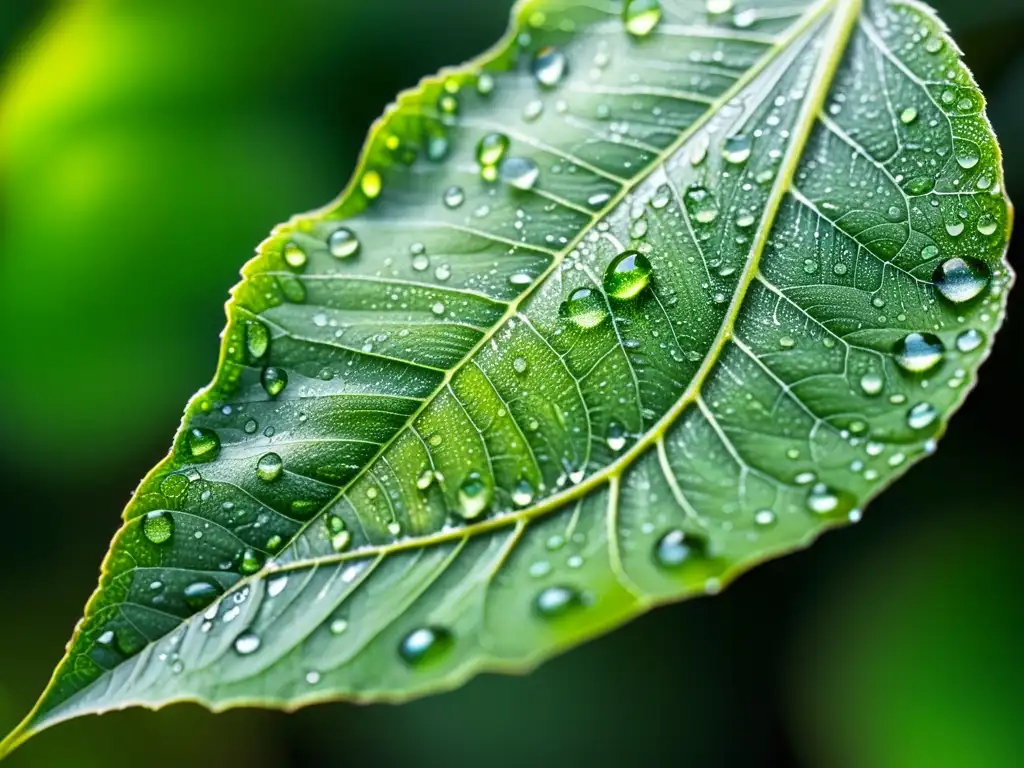 Detalle de hoja verde con gotas de agua y alas de insecto, reflejando luz