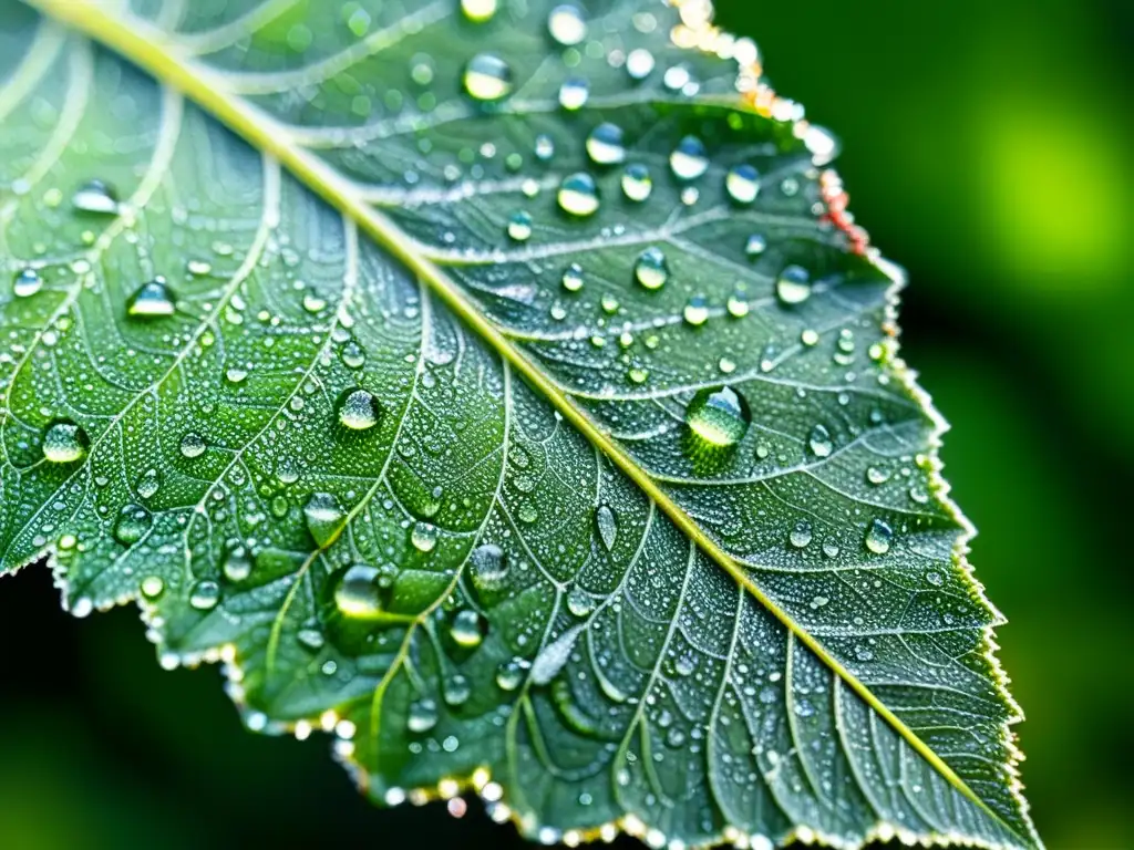 Detalle de hoja verde con gotas de rocío, reflejando la luz del sol en colores arcoíris