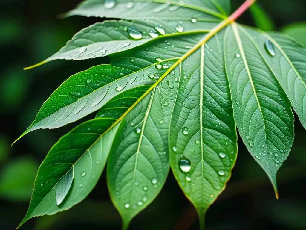 Detalle de hoja verde con gotas de agua, texturas y un insecto en peligro, destacando la necesidad de estrategias conservación insectos peligro