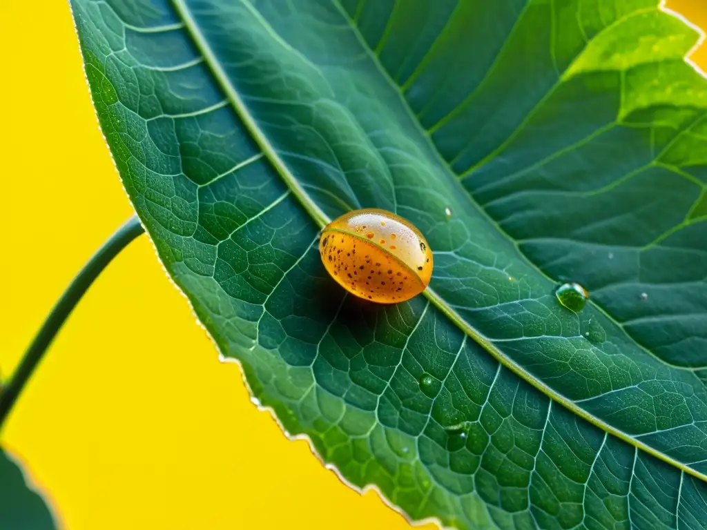 Detalle de hoja verde con huevos de insecto y la importancia de los insectos en el calentamiento global