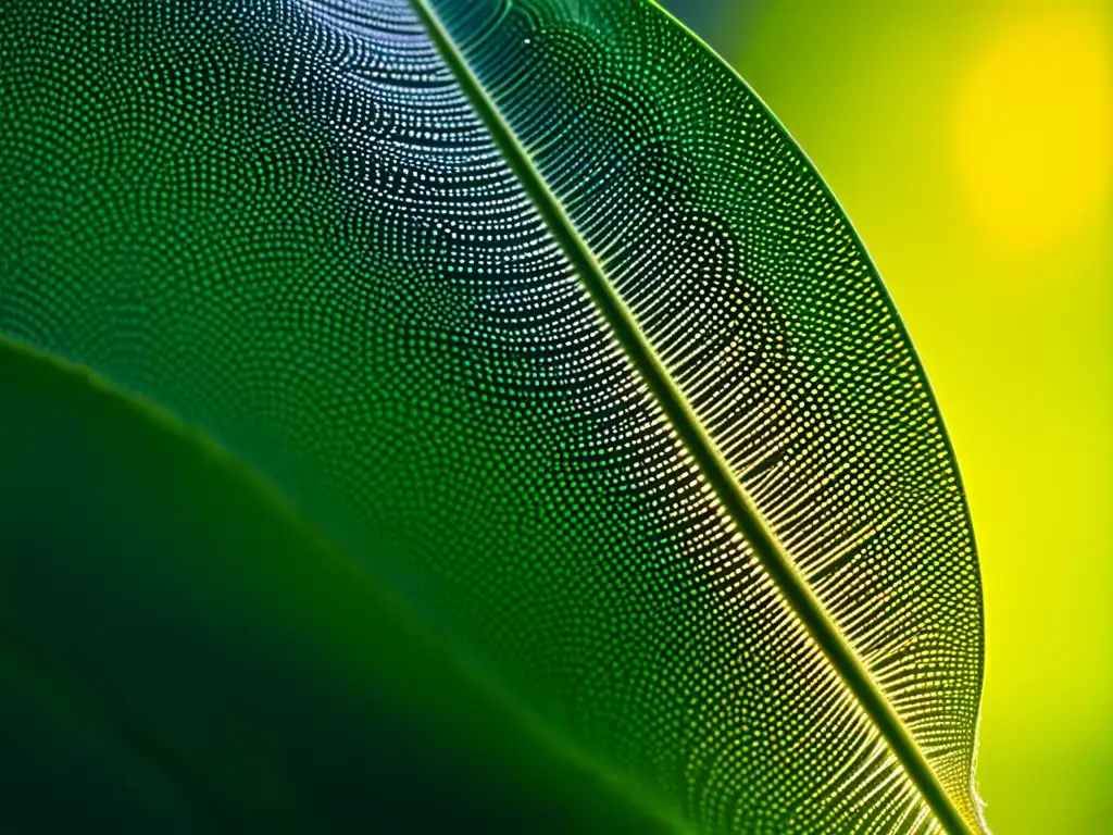 Detalle de hoja verde con huevos de insectos en formación geométrica, iluminada por el sol