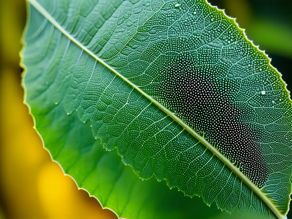 Detalle de hoja verde con huevos de insectos, resaltando la importancia de los insectos en la conservación del ecosistema