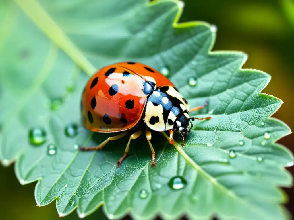 Detalle de mariquita en hoja verde, resaltando la importancia de los insectos en agricultura