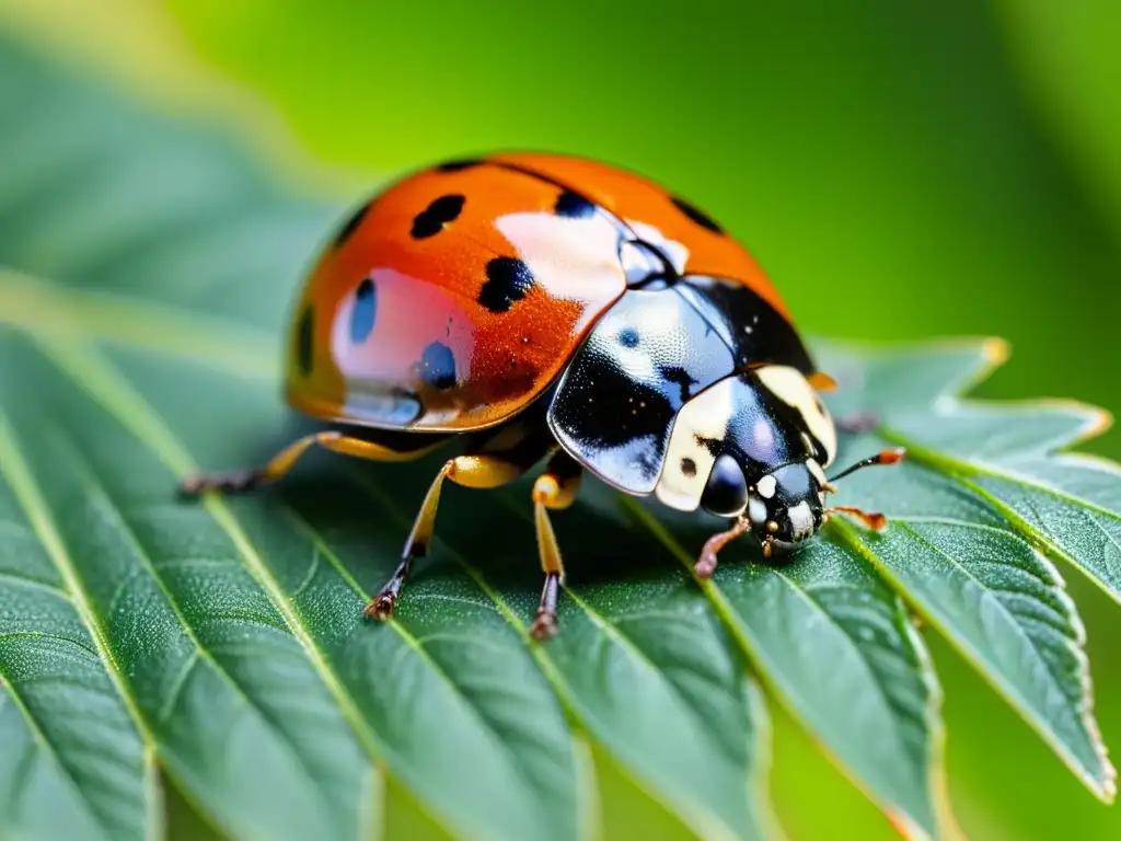 Detalles fascinantes de una mariquita en una hoja verde Detalle de mariquita en hoja verde, resaltando la importancia de los insectos en la regulación de plagas
