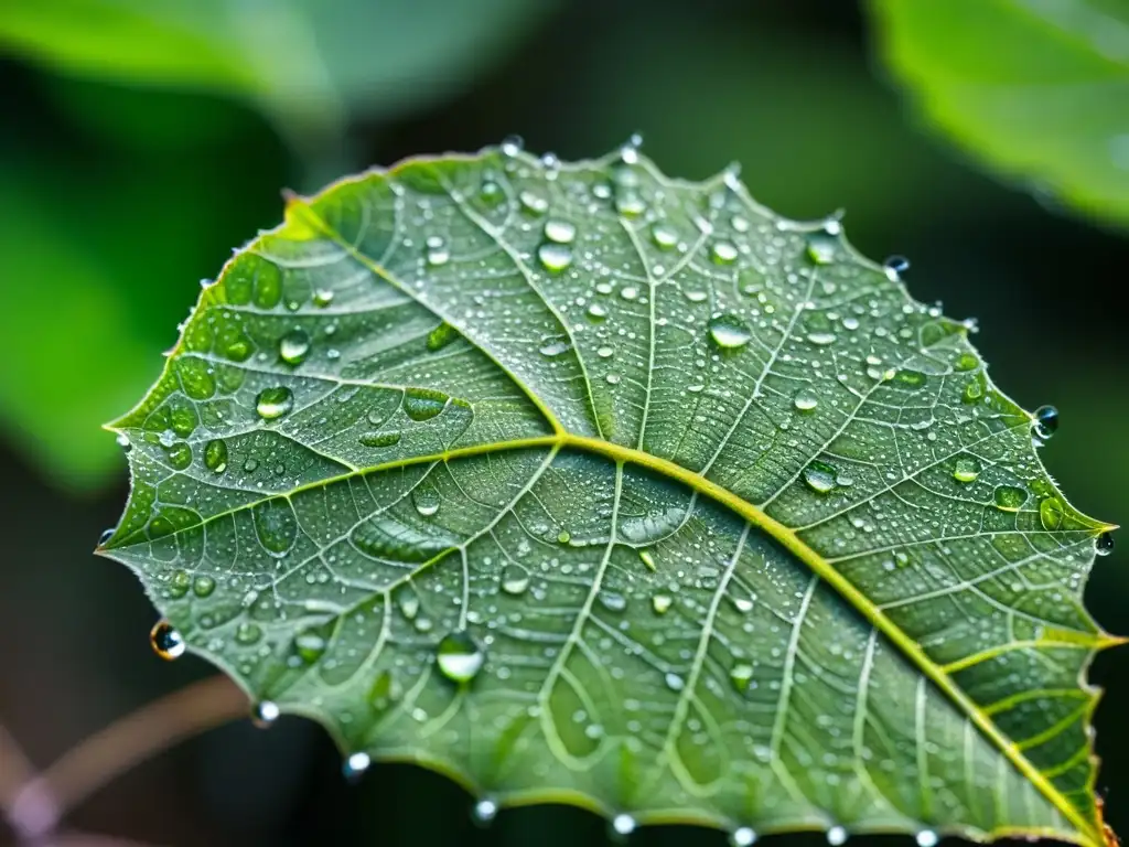 Detalle de hoja verde con rocío y tela de araña, resaltando la importancia de los insectos en la red trófica