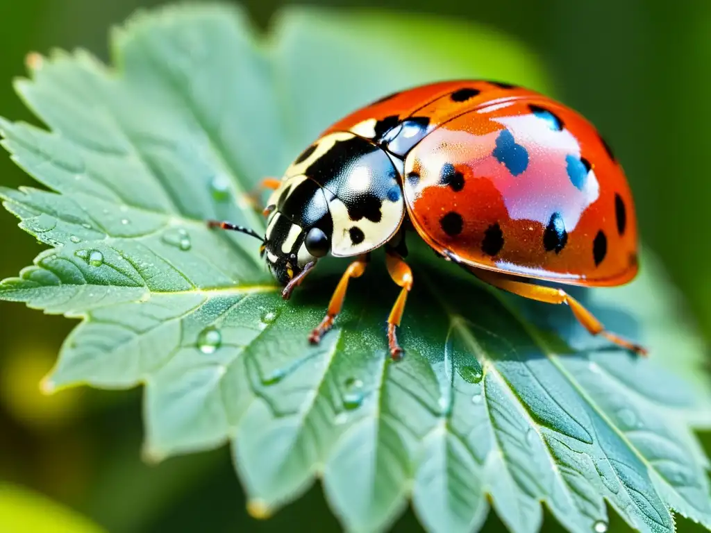 Detalle de mariquita en hoja verde, refleja importancia conservación insectos agricultura sostenible