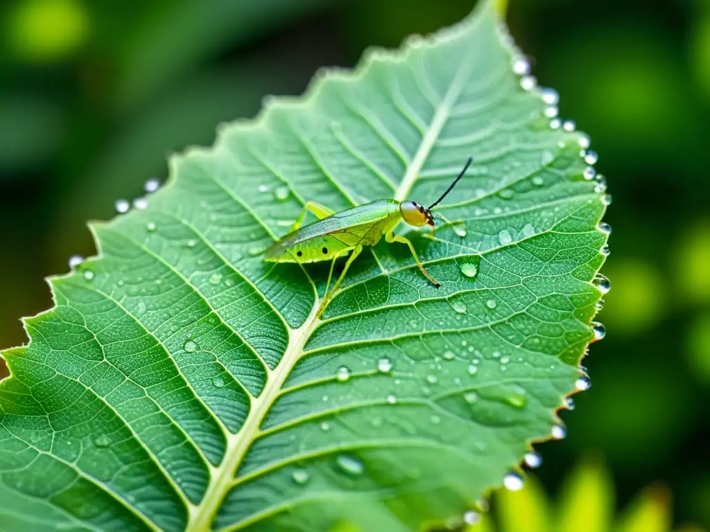 Detalle de hoja verde con insectos diminutos y gotas de agua