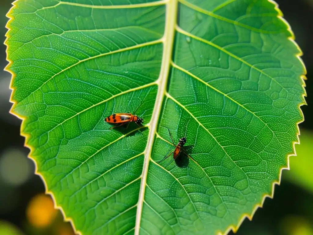 Detalle de hoja verde con insectos coloridos, resaltando la importancia de las apps de identificación de insectos