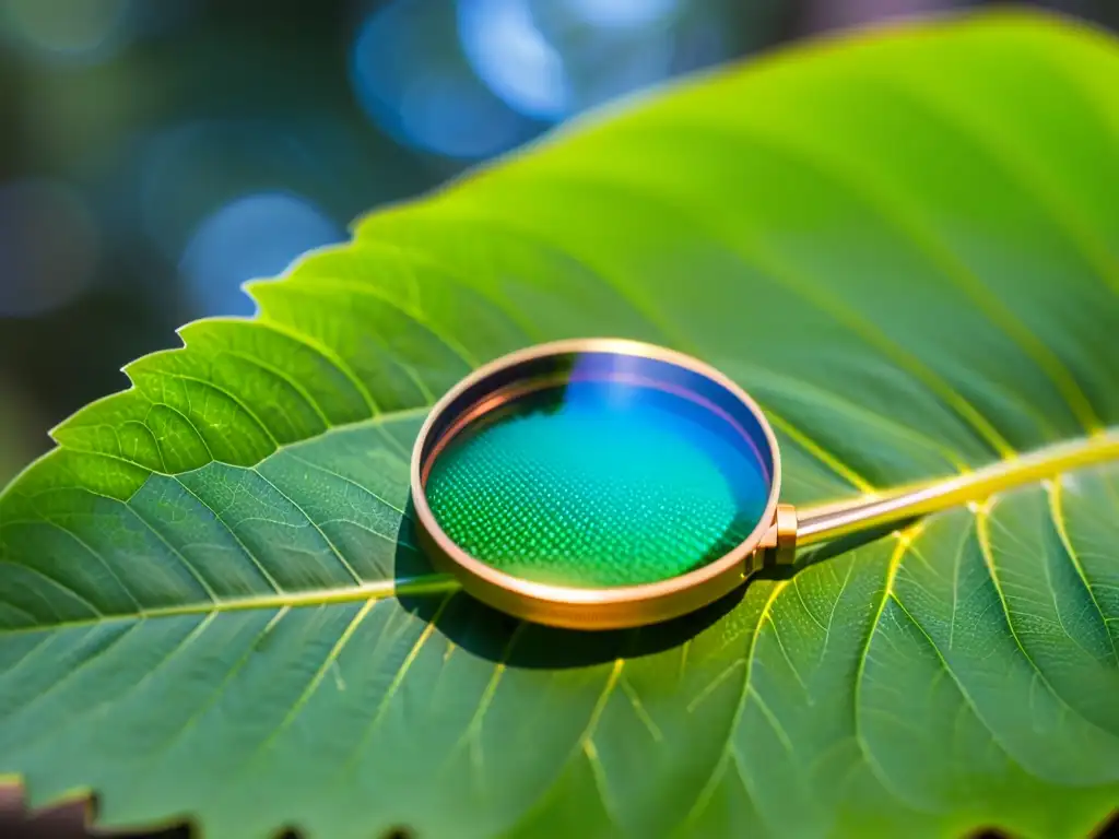 Detalle de una hoja verde con lupa mostrando vida microscópica en sombras y luz solar