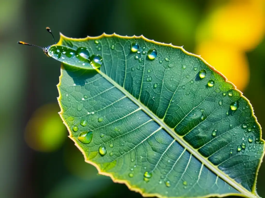 Detalle de hoja verde con mariposa iridiscente y dinámicas evolutivas en comunidades de insectos