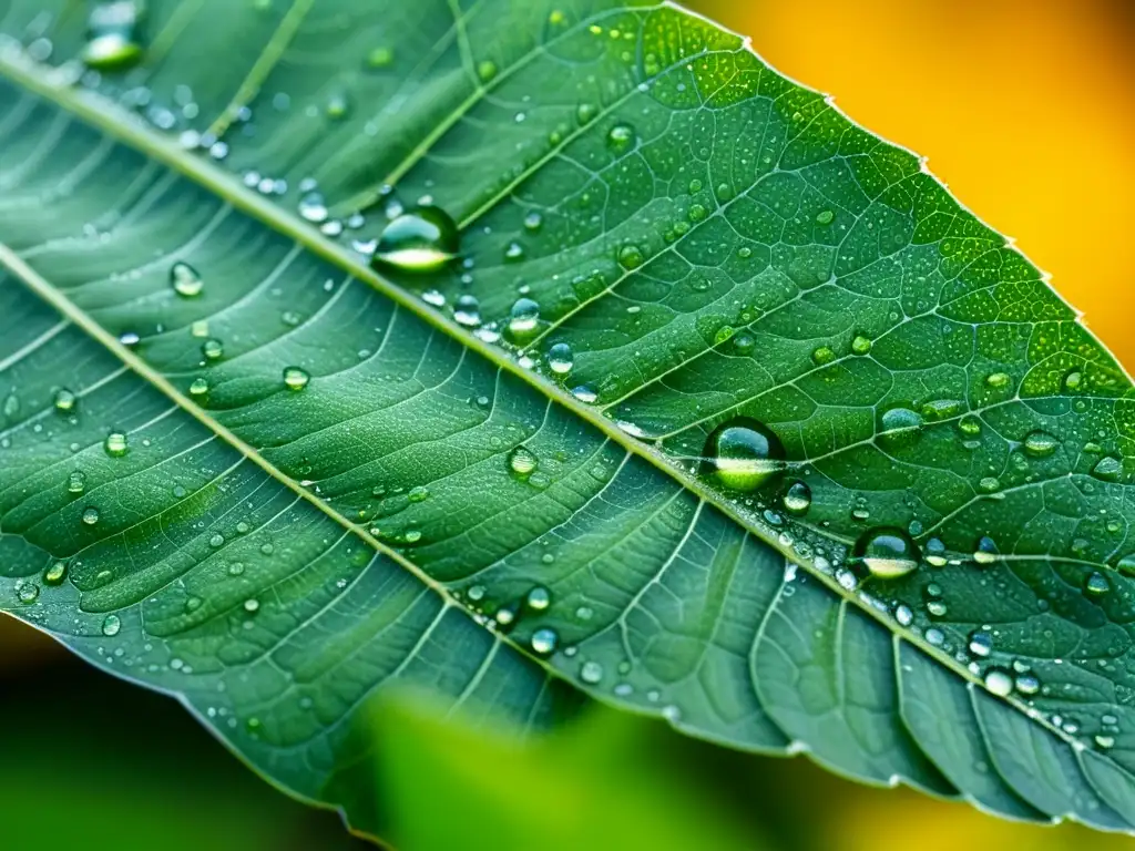 Detalle de hoja verde con rocío matutino, venas delicadas, telarañas y un insecto iridiscente