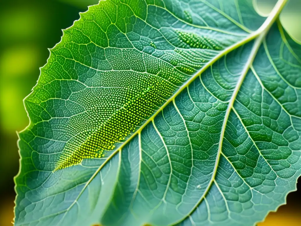 Detalle de hoja verde con nanotecnología para control de plagas en agricultura sostenible