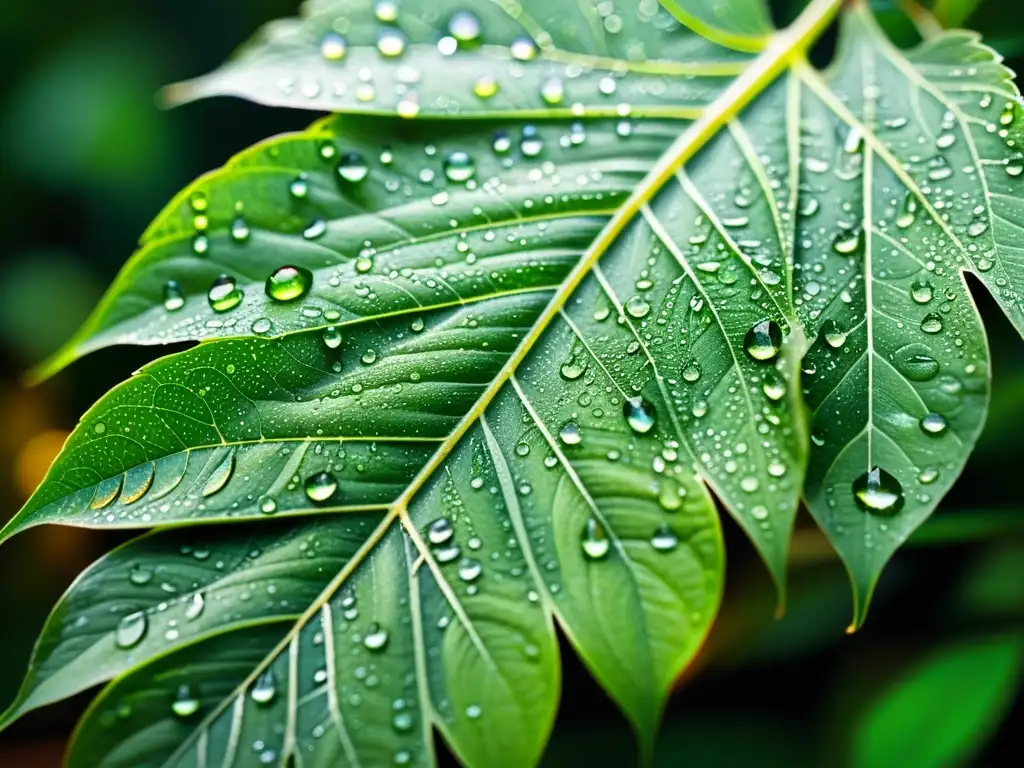 Detalle de una hoja verde con patrones de gotas de agua, reflejando la importancia de los insectos en ecosistemas