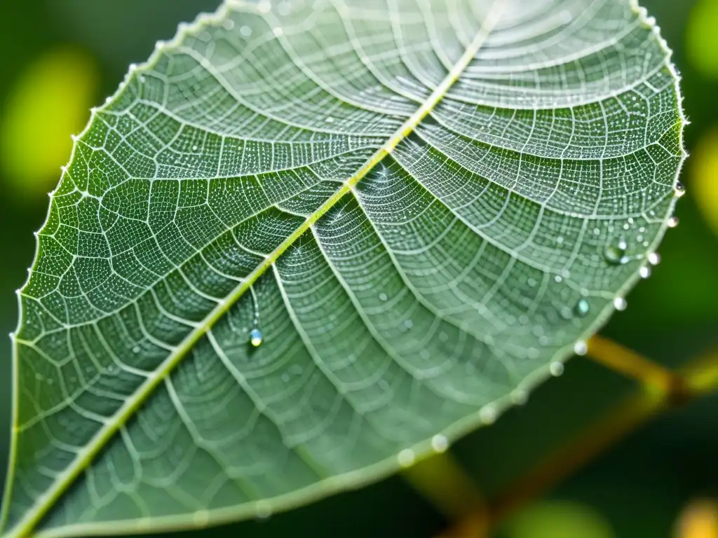 Detalle de una hoja verde con tela de araña, resaltando la importancia de los insectos en el ecosistema