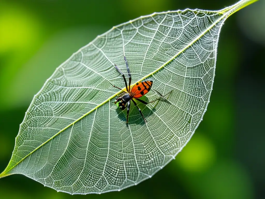 Detalle de hoja verde con telarañas y vida insectos, resaltando la importancia y variabilidad genética de los insectos en la evolución y el ecosistema global