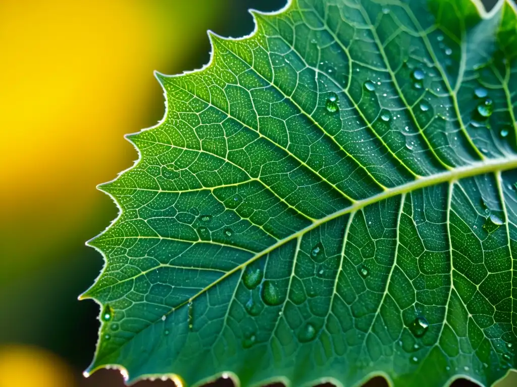 Detalle de una hoja verde vibrante con patrones de venas y tricomas, bañada por la luz solar