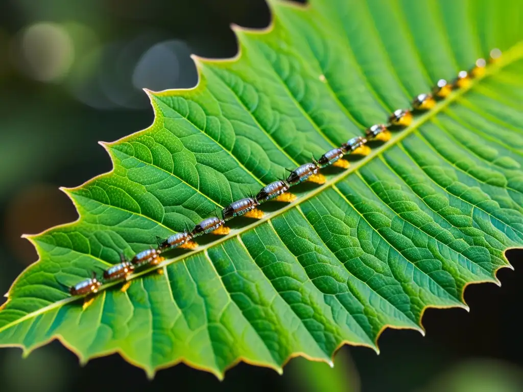 Detalle de hoja verde vibrante con insectos, resaltando la importancia de los insectos en ecosistemas